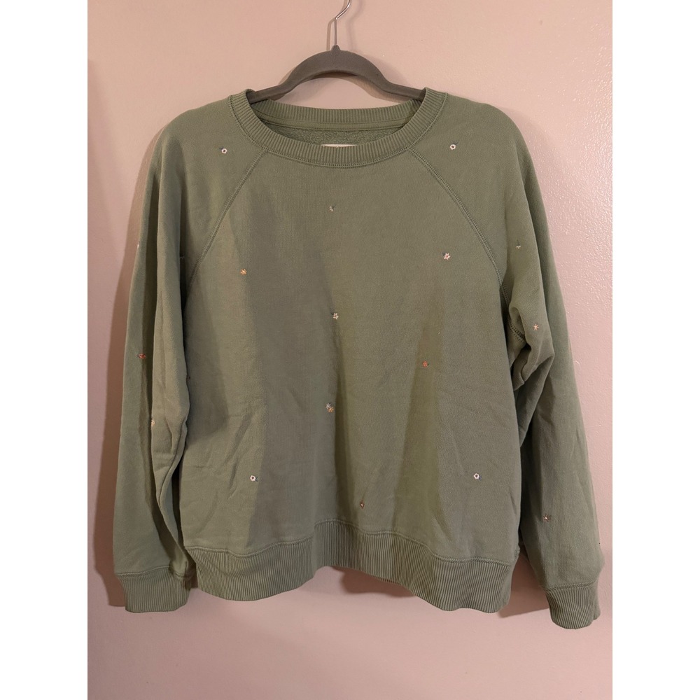 American Eagle Floral Embroidered Crewneck Sweatshirt Sage Green Raglan Medium